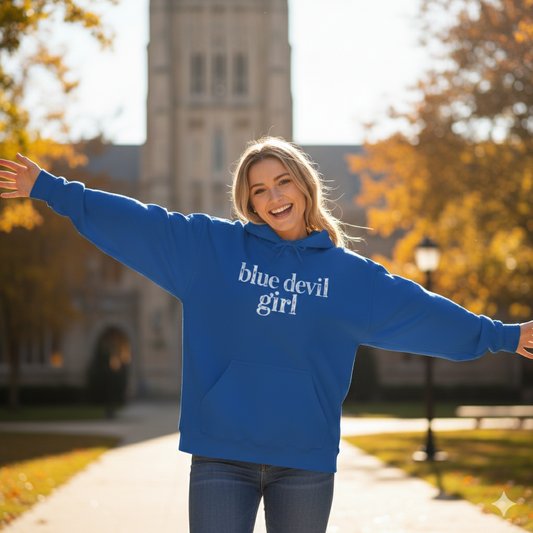 Blue Devil Girl Graphic Hoodie | College Girl Collection | Duke Lifestyle Hooded Sweatshirt
